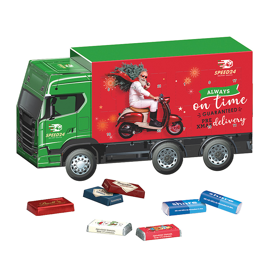 Adventní kalendář kamion, Lindt mini čokoládové tyčinky - foto Adventní kalendář kamion, Lindt mini čokoládové tyčinky - foto