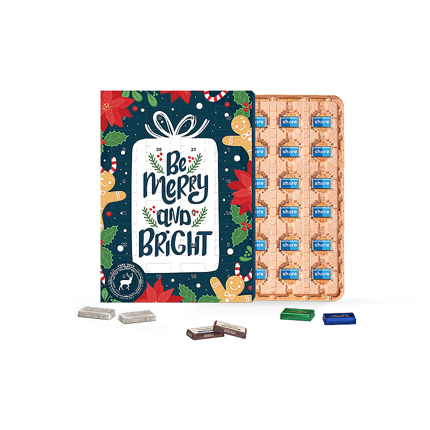 Nástěnný adventní kalendář s logem ECO, kartonová vložka, Lindt mini čokoládové tyčinky - foto Nástěnný adventní kalendář s logem ECO, kartonová vložka, Lindt mini čokoládové tyčinky - foto