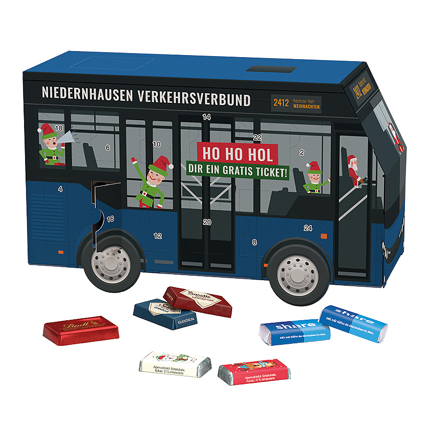 Adventní kalendář autobus, Lindt mini čokoládové tyčinky - foto Adventní kalendář autobus, Lindt mini čokoládové tyčinky - foto