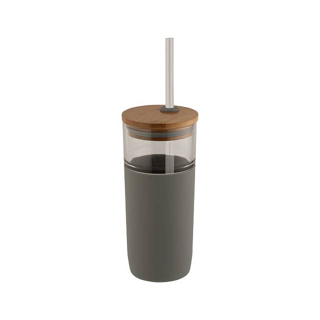 Arlo 600 ml glass tumbler with bamboo lid - grey