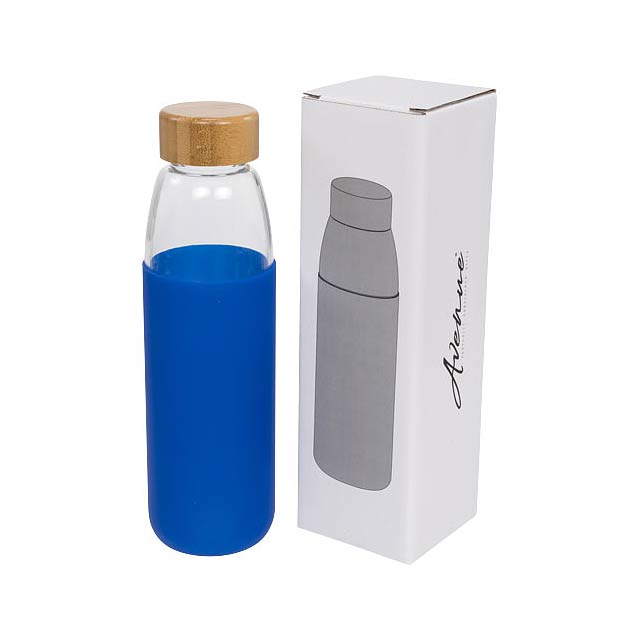 Kai 540 ml glass sport bottle with wood lid - blue