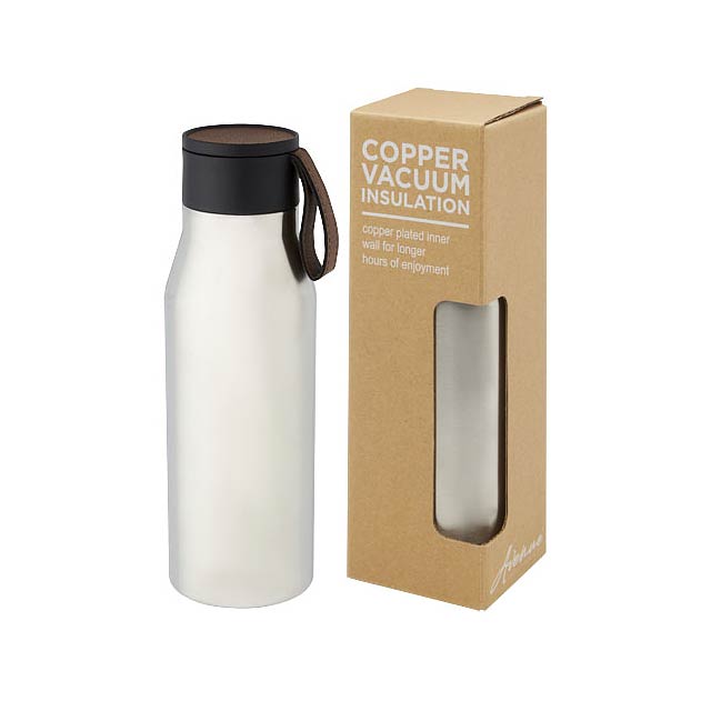 Ljungan 500 ml copper vacuum insulated stainless steel bottle with PU leather strap and lid - silver