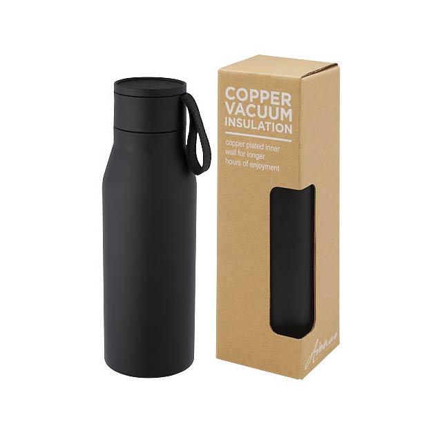 Ljungan 500 ml copper vacuum insulated stainless steel bottle with PU leather strap and lid - black