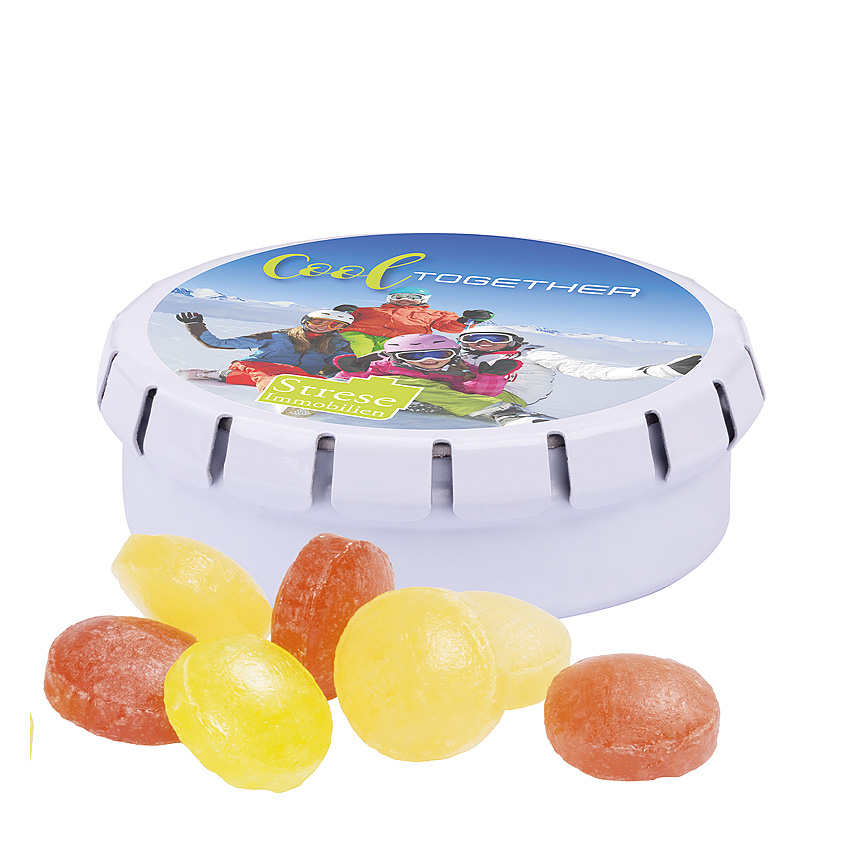 Plechovka s v&iacute;čkem, b&iacute;l&aacute;, mini bonb&oacute;ny ovocn&yacute; mix - bílá