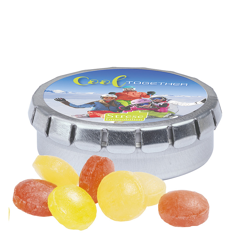 Plechovka s v&iacute;čkem, bez potisku, mini bonb&oacute;ny ovocn&yacute; mix - bílá