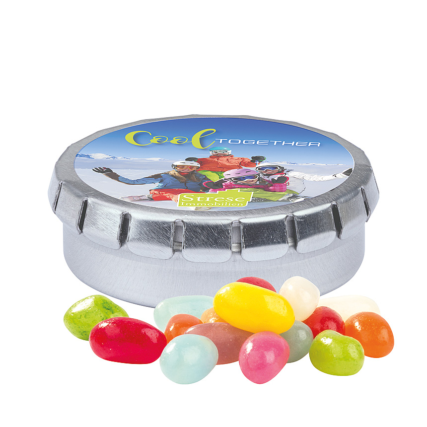Plechovka s v&iacute;čkem, bez potisku, jelly beans - bílá