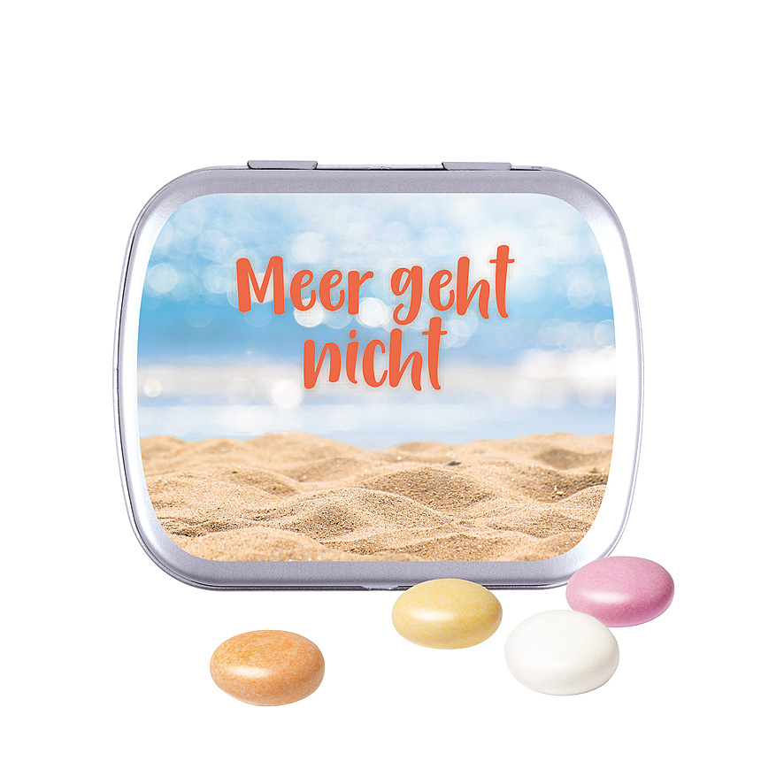 Hinged tin, blank, Mentos chewy candy Fruit stříbrná - foto Hinged tin with a vaulted hinged lid, blank, made of metal, individually printed. With an original fastener and tear-off perforation. Tinplate 98% recyclable. stříbrná - foto