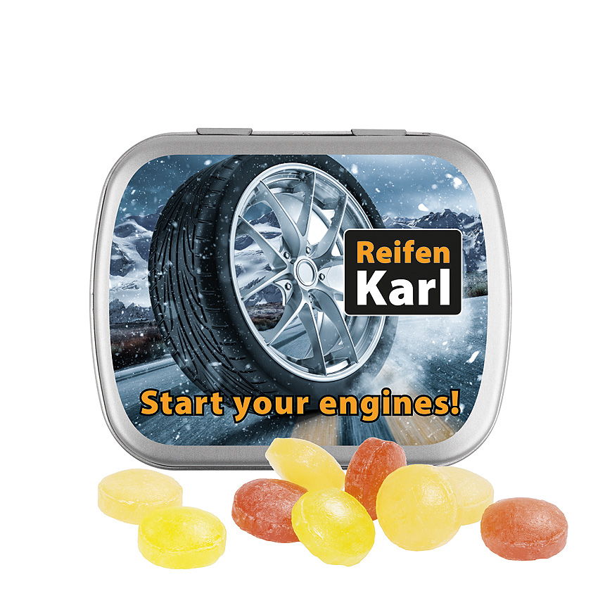 Hinged tin, matt-silver, mini sweets fruit mixture - matt silver Hinged tin, matt-silver, mini sweets fruit mixture - matt silver
