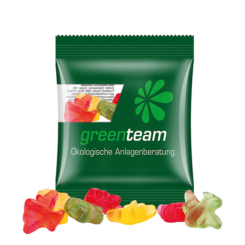 Mini bag 10g, compostable foil transparent, Trolli fruit jelly gums plane - transparent Mini bag 10g, compostable foil transparent, Trolli fruit jelly gums plane - transparent