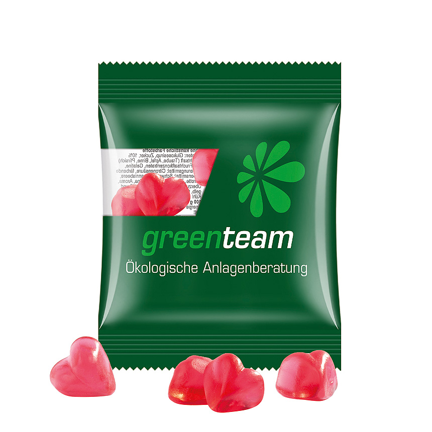Mini bag 10g, compostable foil transparent, Trolli fruit jelly gums heart - transparent Mini bag 10g, compostable foil transparent, Trolli fruit jelly gums heart - transparent
