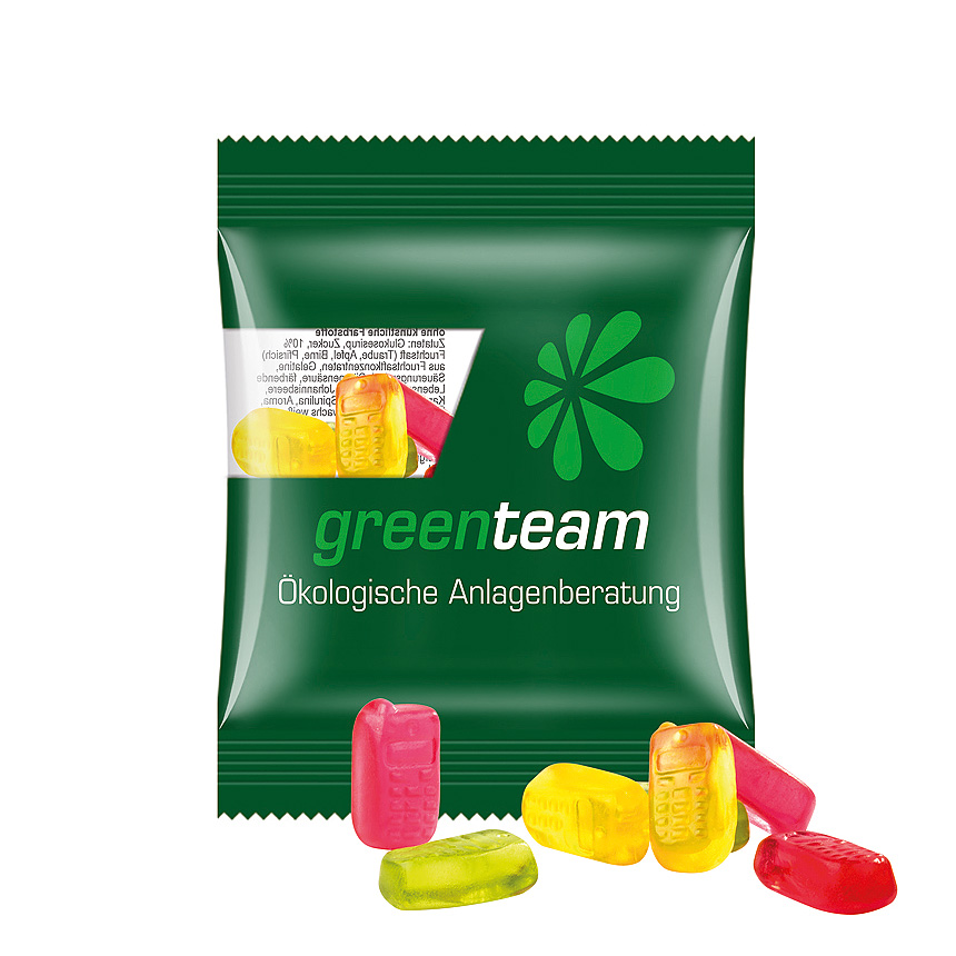 Mini bag 10g, compostable foil transparent, Trolli fruit jelly gums mobile - transparent Mini bag 10g, compostable foil transparent, Trolli fruit jelly gums mobile - transparent