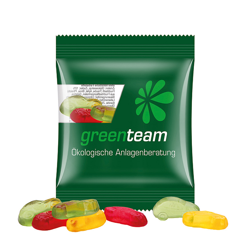 Mini bag 10g, compostable foil transparent, Trolli fruit jelly gums cars - transparent Mini bag 10g, compostable foil transparent, Trolli fruit jelly gums cars - transparent