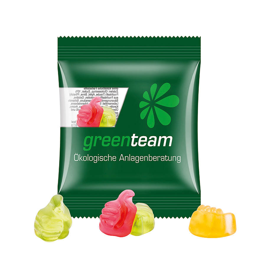 Mini bag 10g, compostable foil transparent, Trolli fruit jelly gums thumbs - transparent Mini bag 10g, compostable foil transparent, Trolli fruit jelly gums thumbs - transparent