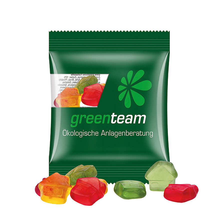 Mini bag 10g, compostable foil transparent, Trolli fruit jelly gums house - transparent Mini bag 10g, compostable foil transparent, Trolli fruit jelly gums house - transparent