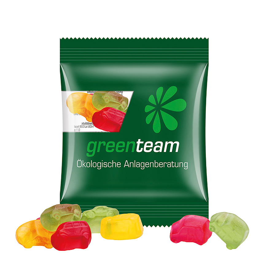 Mini bag 10g, compostable foil transparent, Trolli fruit jelly gums car mixture - transparent Mini bag 10g, compostable foil transparent, Trolli fruit jelly gums car mixture - transparent