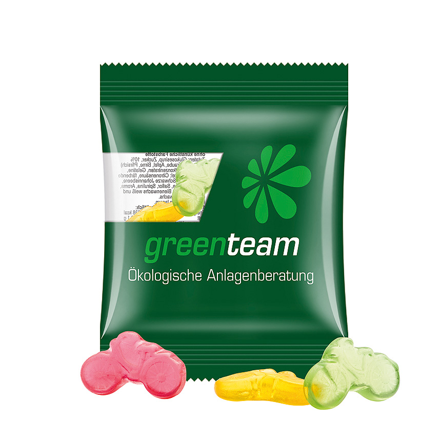 Mini bag 10g, compostable foil transparent, Trolli fruit jelly gums bicycle - transparent Mini bag 10g, compostable foil transparent, Trolli fruit jelly gums bicycle - transparent
