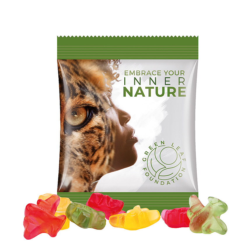 Mini bag 10g, compostable foil transparent, Trolli fruit jelly gums plane - white Mini bag 10g, compostable foil transparent, Trolli fruit jelly gums plane - white