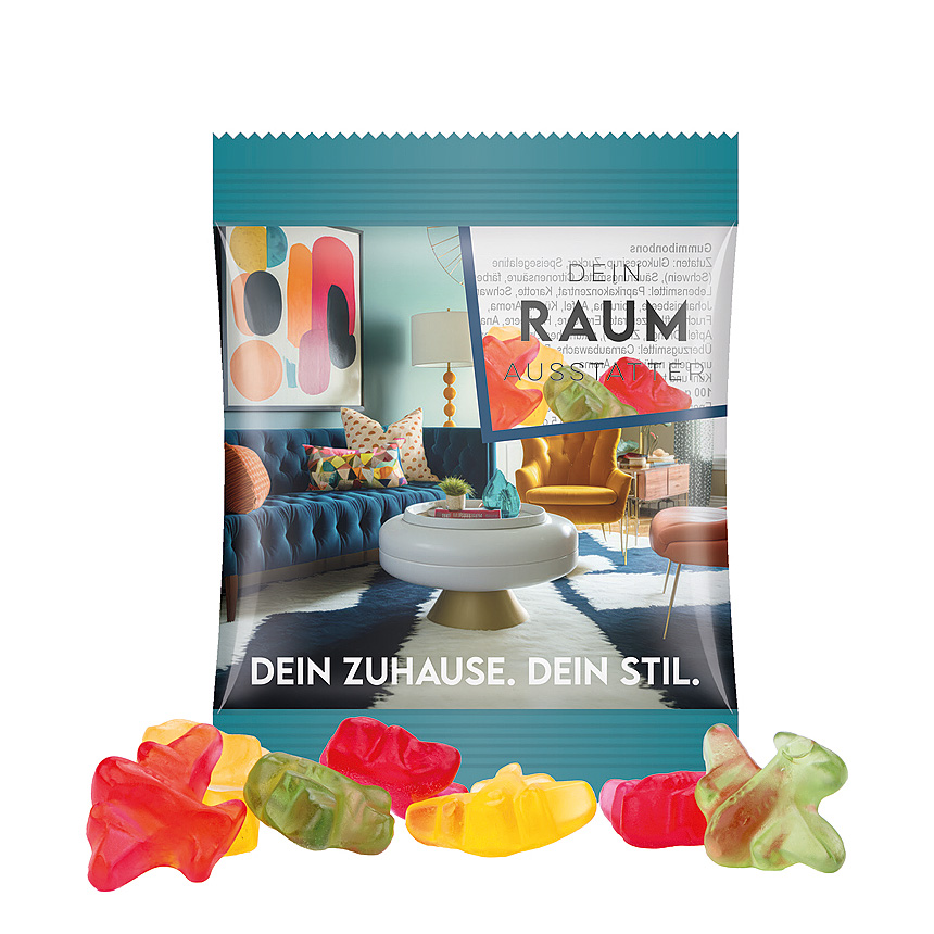 Mini bag 10g, foil white, Trolli fruit jelly gums plane - transparent Mini bag 10g, foil white, Trolli fruit jelly gums plane - transparent