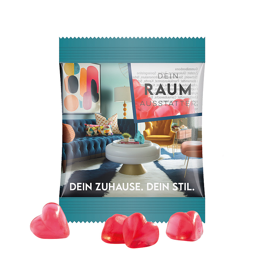 Mini bag 10g, foil transparent, Trolli fruit jelly gums heart - transparent Mini bag 10g, foil transparent, Trolli fruit jelly gums heart - transparent