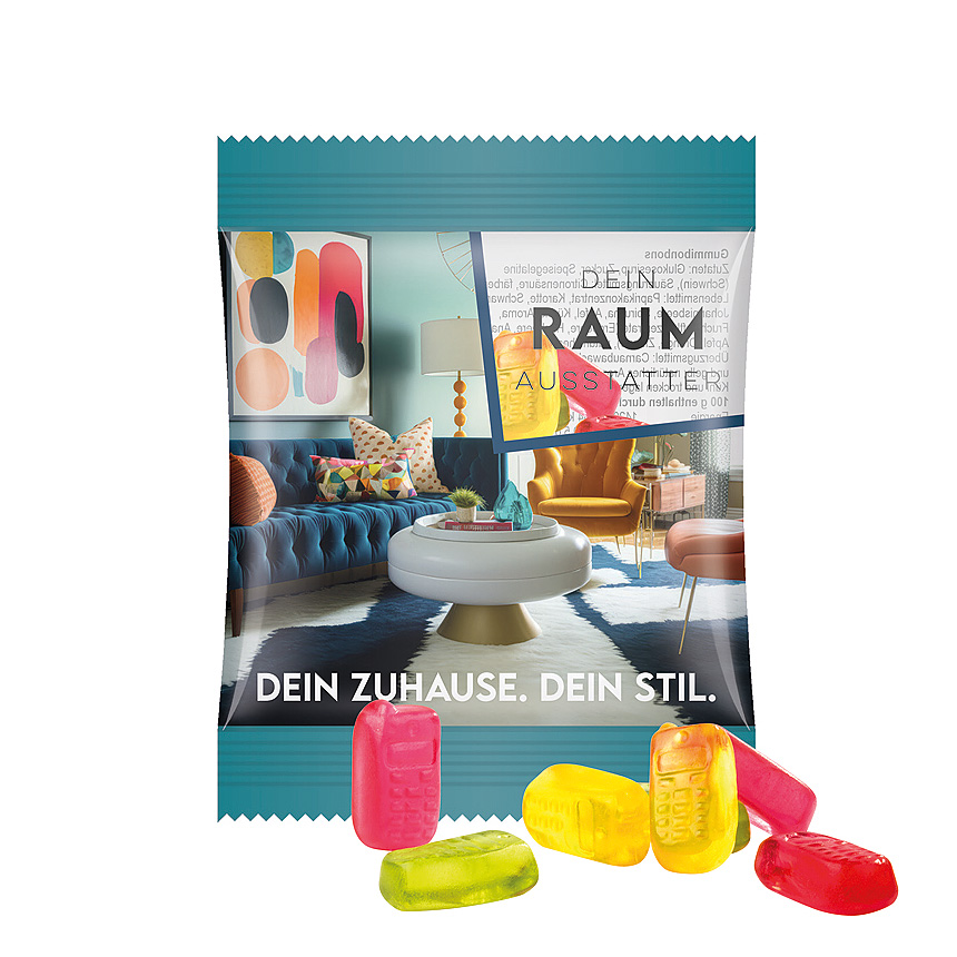 Mini bag 10g, foil transparent, Trolli fruit jelly gums mobile transparentní - foto Trolli fruit jelly gums in a bag made of transparent foil, individually printed. Content: Trolli fruit jelly gums mobile, in premium quality with 10 % fruit… transparentní - foto