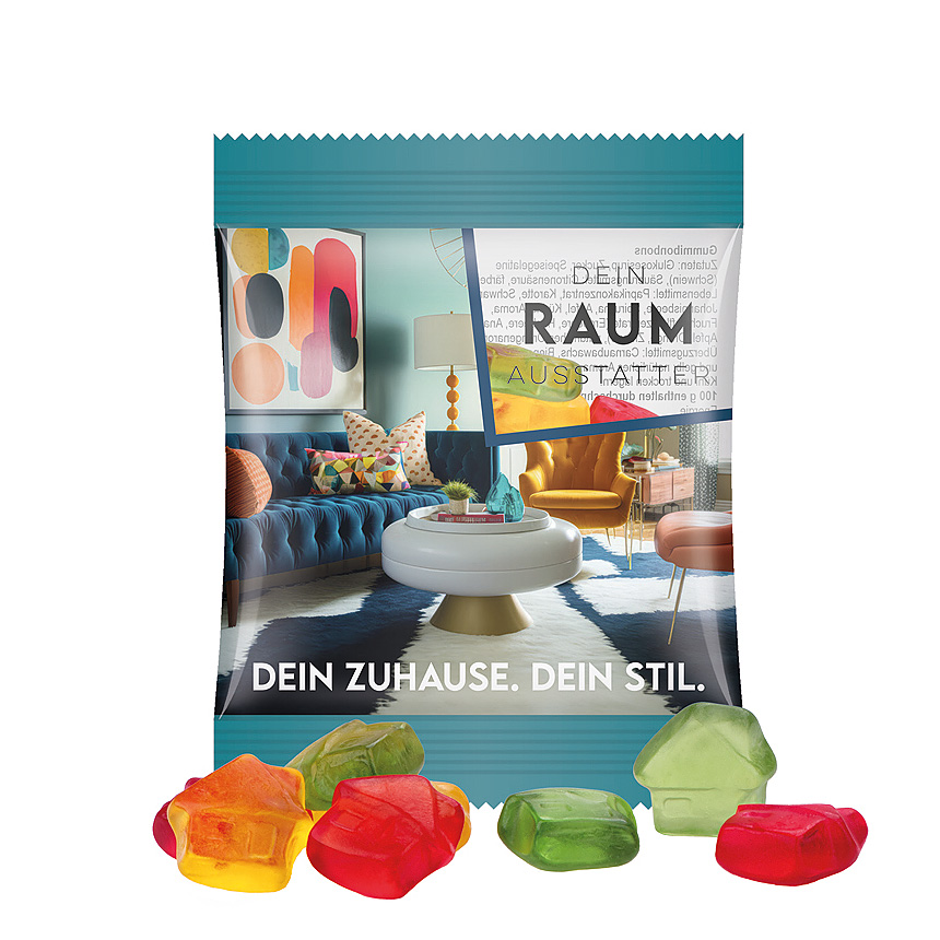 Mini bag 10g, foil transparent, Trolli fruit jelly gums house transparentní - foto Trolli fruit jelly gums in a bag made of transparent foil, individually printed. Content: Trolli fruit jelly gums house, in premium quality with 10 % fruit… transparentní - foto