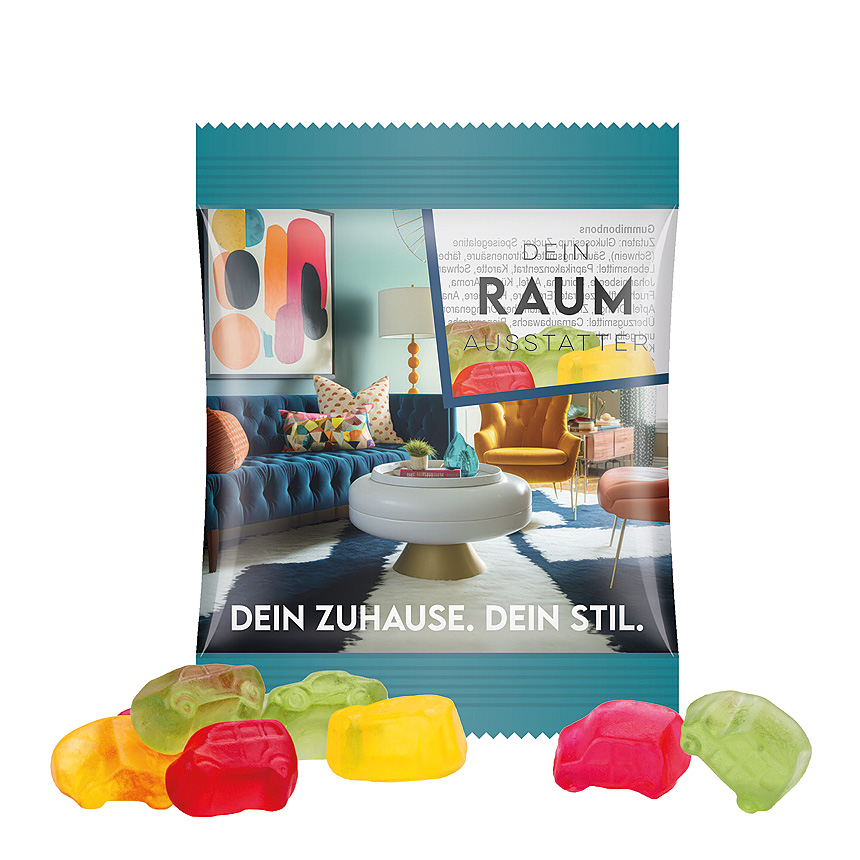 Mini bag 10g, foil transparent, Trolli fruit jelly gums car mixture transparentní - foto Trolli fruit jelly gums in a bag made of transparent foil, individually printed. Content: Trolli fruit jelly gums car mixture, in premium quality with 10 %… transparentní - foto