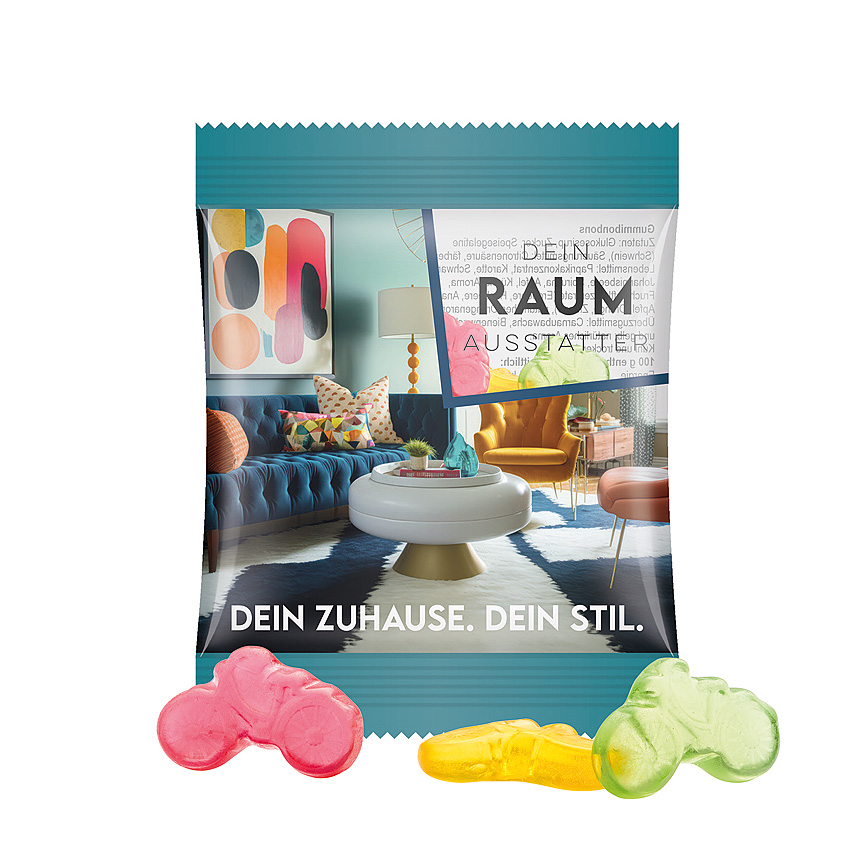 Mini bag 10g, foil transparent, Trolli fruit jelly gums bicycle transparentní - foto Trolli fruit jelly gums in a bag made of transparent foil, individually printed. Content: Trolli fruit jelly gums bicycle, in premium quality with 10 % fruit… transparentní - foto
