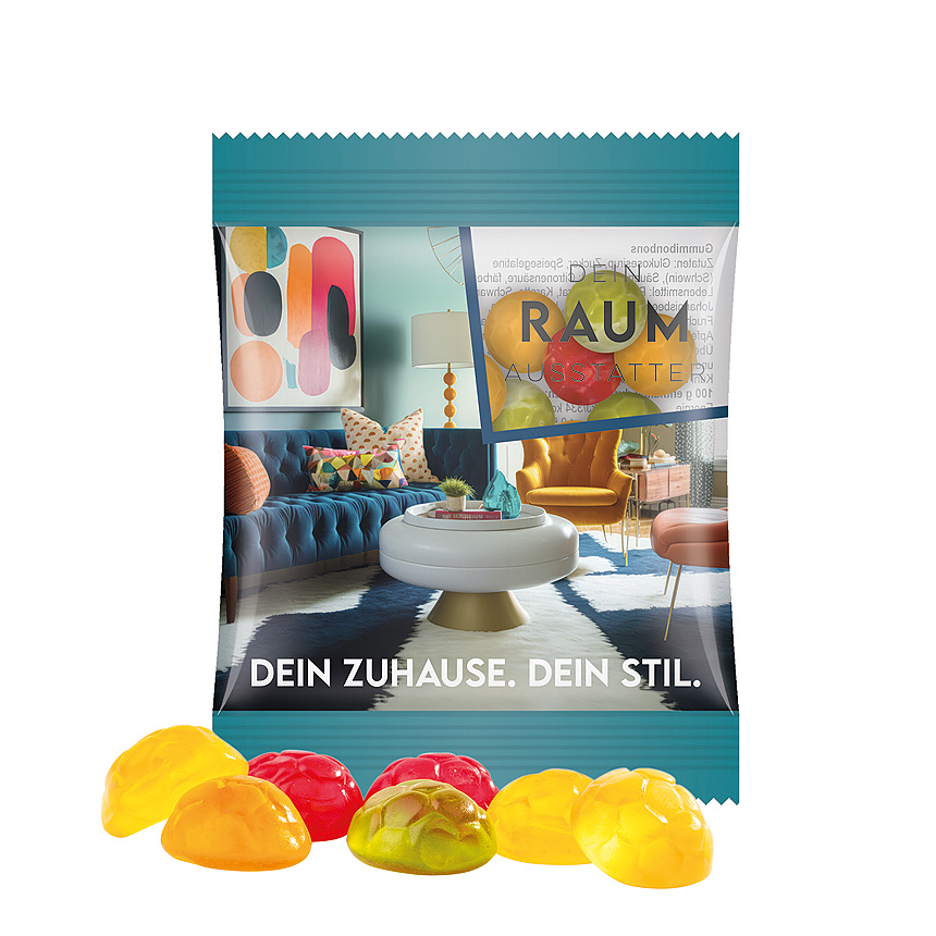 Mini bag 10g, foil transparent, Trolli fruit jelly gums soccer balls transparentní - foto Trolli fruit jelly gums in a bag made of transparent foil, individually printed. Content: Trolli fruit jelly gums soccer ball, in premium quality with 10 %… transparentní - foto