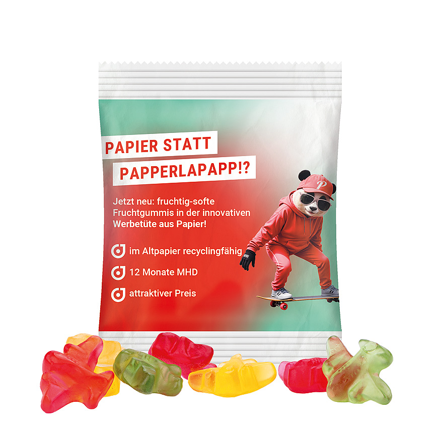 Mini bag 10g, recyclable PaperPlus Pro white, Trolli fruit jelly gums plane - white Mini bag 10g, recyclable PaperPlus Pro white, Trolli fruit jelly gums plane - white