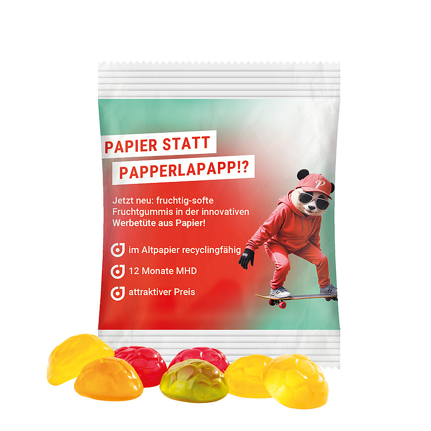 Mini bag 10g, recyclable PaperPlus Pro white, Trolli fruit jelly gums soccer ball bílá - foto Trolli fruit jelly gums in a bag made of white, recycable PaperPlus Pro, individually printed. Content: Trolli fruit jelly gums soccer ball, in premium quality… bílá - foto