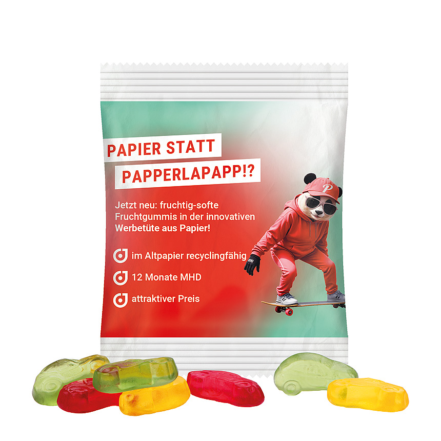 Mini bag 10g, recyclable PaperPlus Pro white, Trolli fruit jelly gums cars - bílá