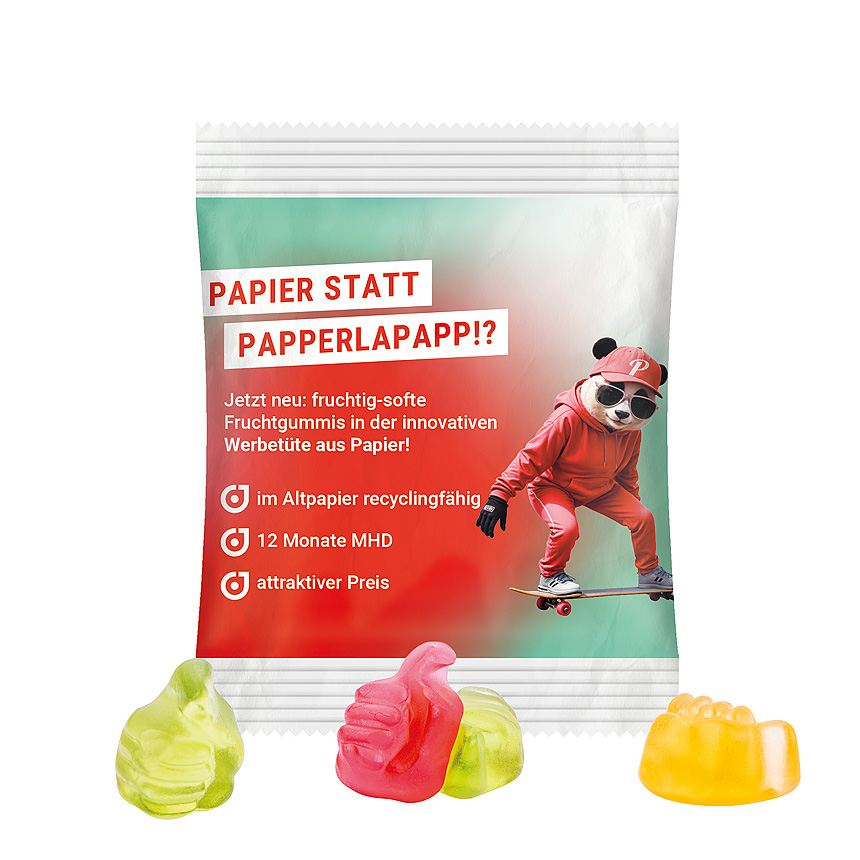 Mini bag 10g, recyclable PaperPlus Pro white, Trolli fruit jelly gums thumbs bílá - foto Trolli fruit jelly gums in a bag made of white, recycable PaperPlus Pro, individually printed. Content: Trolli fruit jelly gums thumb, in premium quality with… bílá - foto