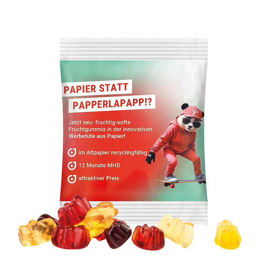 Mini bag 10g, recyclable PaperPlus Pro white, Trolli fruit juice jelly bears, 30 % fruit juice - white Mini bag 10g, recyclable PaperPlus Pro white, Trolli fruit juice jelly bears, 30 % fruit juice - white