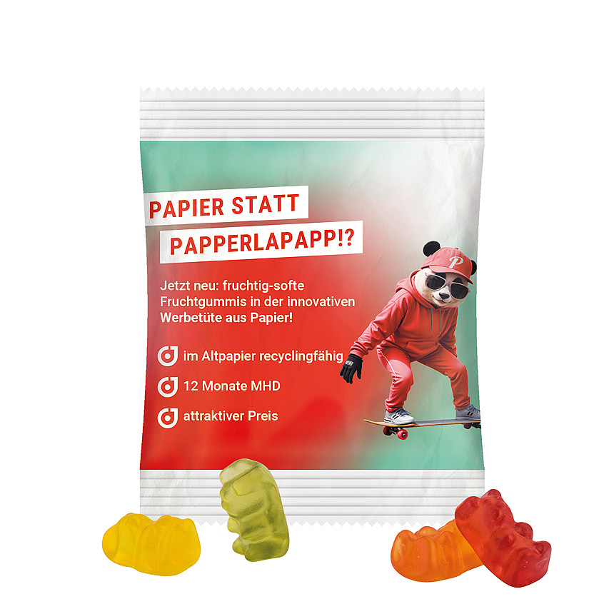 Mini bag 12g, recyclable PaperPlus Pro white, Trolli vegan juice jelly bears, 14% fruit juice - white Mini bag 12g, recyclable PaperPlus Pro white, Trolli vegan juice jelly bears, 14% fruit juice - white