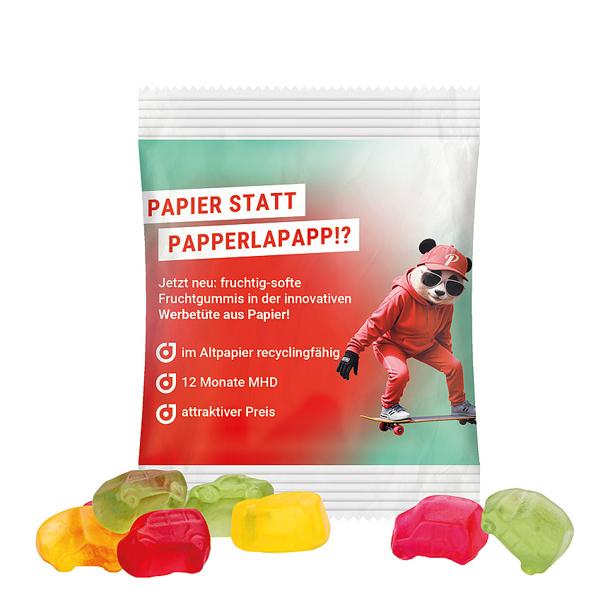 Mini bag 10g, recyclable PaperPlus Pro white, Trolli fruit jelly gums car mixture bílá - foto Trolli fruit jelly gums in a bag made of white, recycable PaperPlus Pro, individually printed. Content: Trolli fruit jelly gums car mixture, in premium quality… bílá - foto