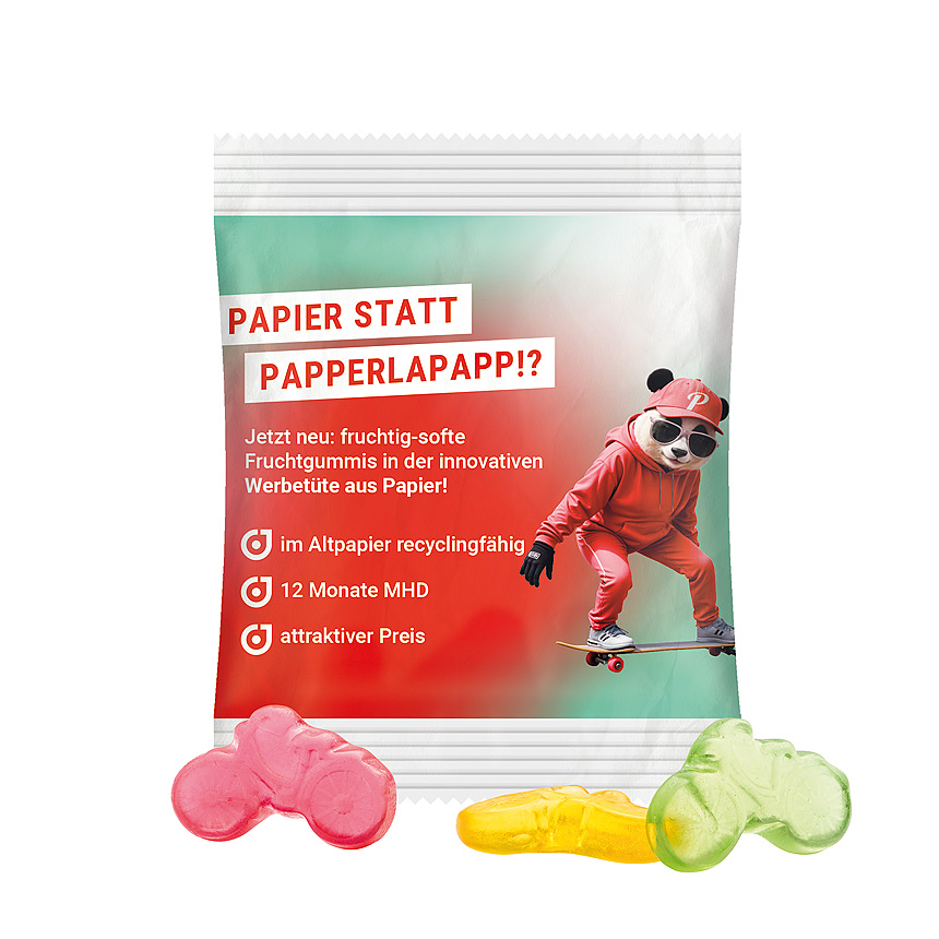 Mini bag 10g, recyclable PaperPlus Pro white, Trolli fruit jelly gums bicycle - white Mini bag 10g, recyclable PaperPlus Pro white, Trolli fruit jelly gums bicycle - white