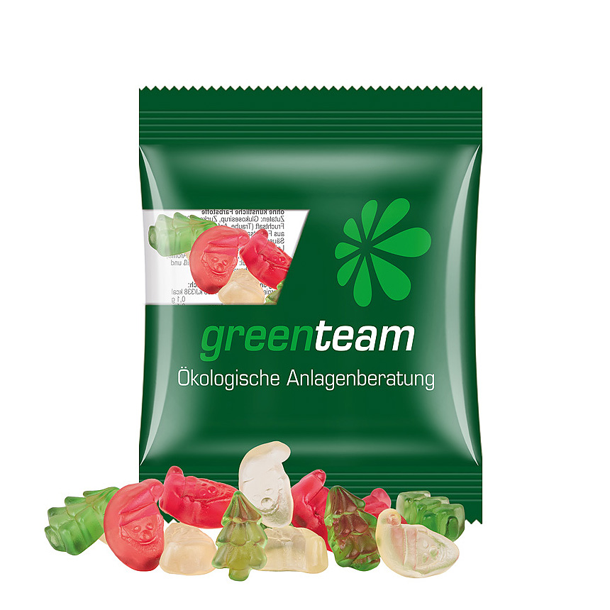 Mini bag, 10g, compostable foil transparent, Trolli fruit jelly gums Christmas mix transparentní - foto Trolli fruit jelly gums in a bag made of transparent foil, compostable, individually printed. Content: Trolli fruit jelly gums Christmas mix (Santa Claus red… transparentní - foto