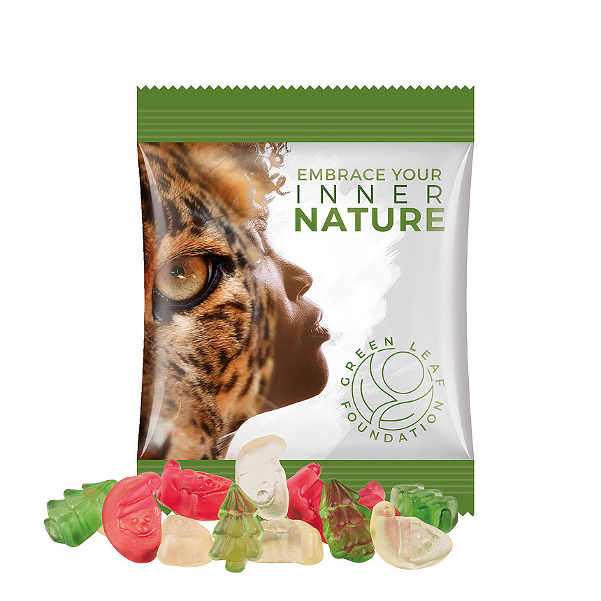 Mini bag, 10g, foil white, Trolli fruit jelly gums Christmas mix bílá - foto Trolli fruit jelly gums in a bag made of white foil, individually printed. Content: Trolli fruit jelly gums Christmas mix (Santa Claus red and transparent &… bílá - foto