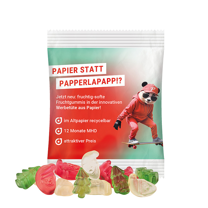 Mini bag, 10g, recyclable PaperPlus Pro white, Trolli fruit jelly gums Christmas mix bílá - foto Trolli fruit jelly gums in a bag made of white, recycable PaperPlus Pro, individually printed. Content: Trolli fruit jelly gums Christmas mix (Santa Claus red… bílá - foto