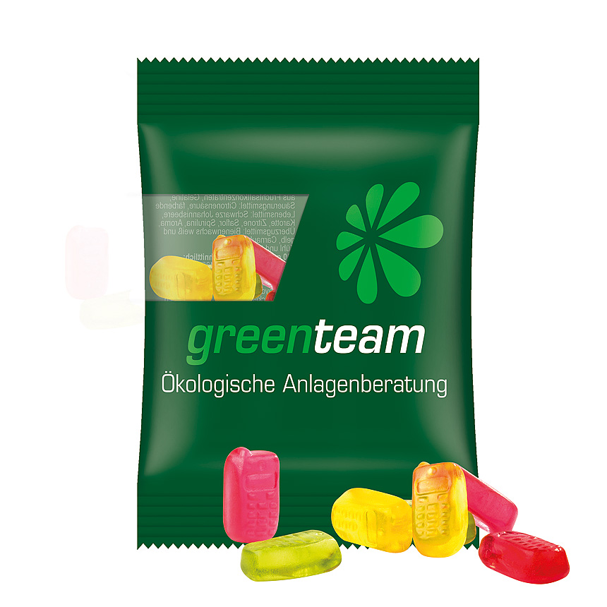 Mini bag 15g, compostable foil transparent, Trolli fruit jelly gums mobile - transparent Mini bag 15g, compostable foil transparent, Trolli fruit jelly gums mobile - transparent