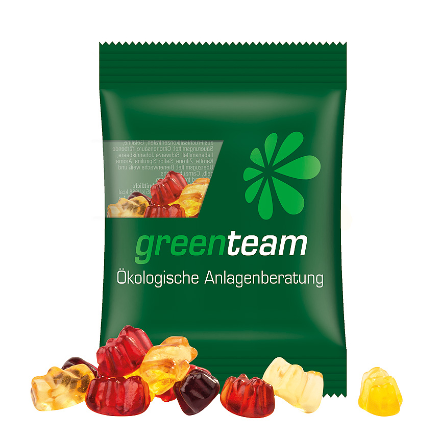 Mini bag 15g, compostable foil transparent, Trolli fruit juice jelly bears, 30 % fruit juice - transparentní Mini bag 15g, compostable foil transparent, Trolli fruit juice jelly bears, 30 % fruit juice - transparentní