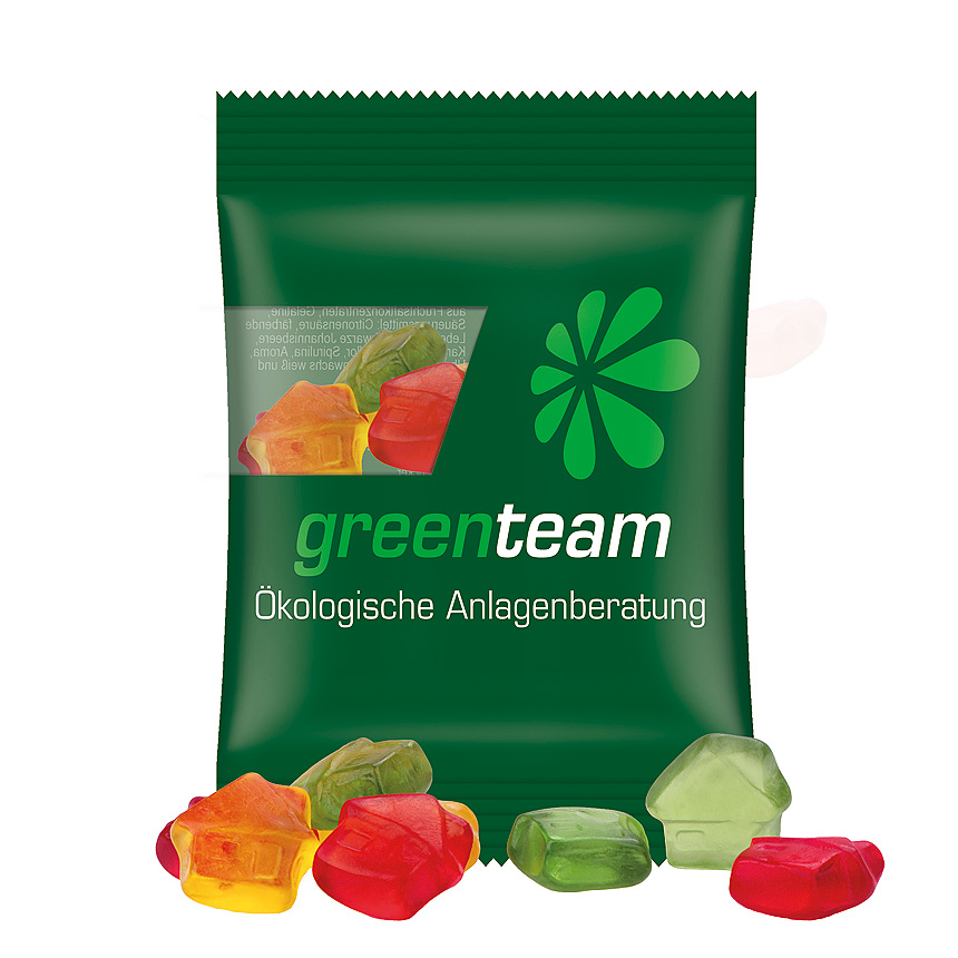 Mini bag 15g, compostable foil transparent, Trolli fruit jelly gums house - transparent Mini bag 15g, compostable foil transparent, Trolli fruit jelly gums house - transparent