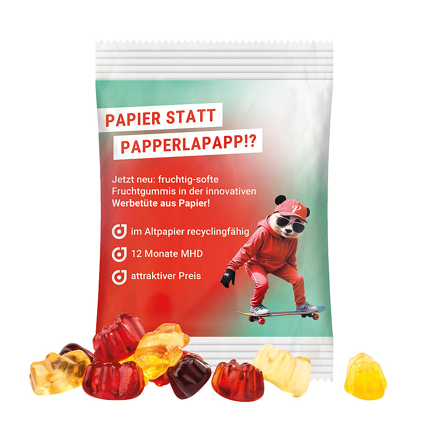 Mini bag 15g, recyclable PaperPlus Pro white, Trolli fruit juice jelly bears, 30 % fruit juice - bílá
