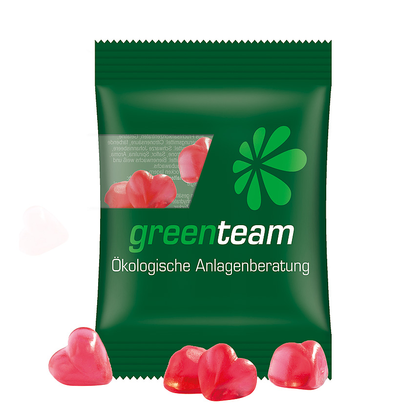 Mini bag 15g, compostable foil transparent, Trolli fruit jelly gums heart - transparent Mini bag 15g, compostable foil transparent, Trolli fruit jelly gums heart - transparent