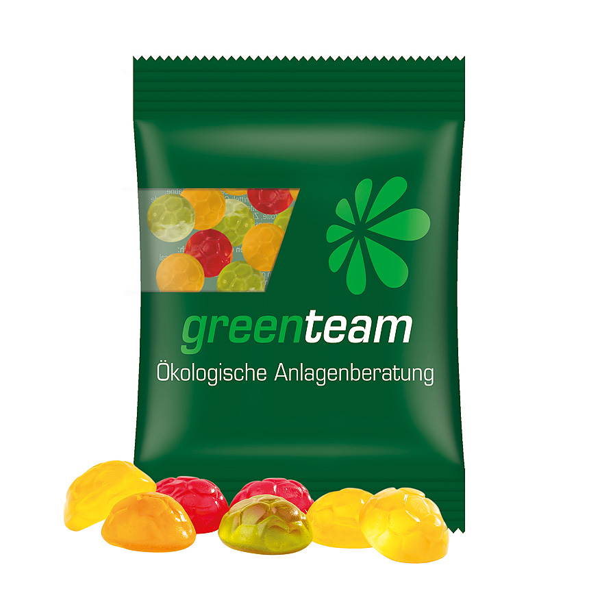 Mini bag 15g, compostable foil white, Trolli fruit jelly gums soccer balls - transparent Mini bag 15g, compostable foil white, Trolli fruit jelly gums soccer balls - transparent