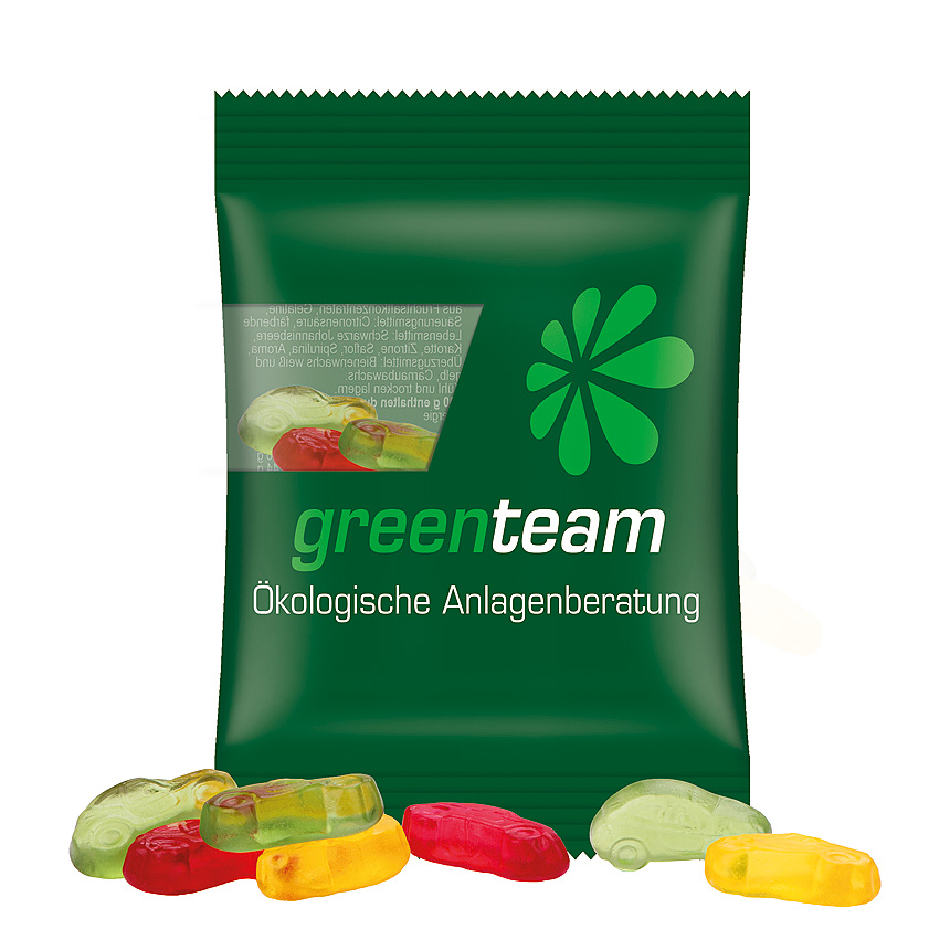 Mini bag 15g, compostable foil transparent, Trolli fruit jelly gums cars - transparent Mini bag 15g, compostable foil transparent, Trolli fruit jelly gums cars - transparent
