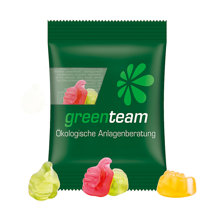 Mini bag 15g, compostable foil transparent, Trolli fruit jelly gums thumbs - transparentní Mini bag 15g, compostable foil transparent, Trolli fruit jelly gums thumbs - transparentní