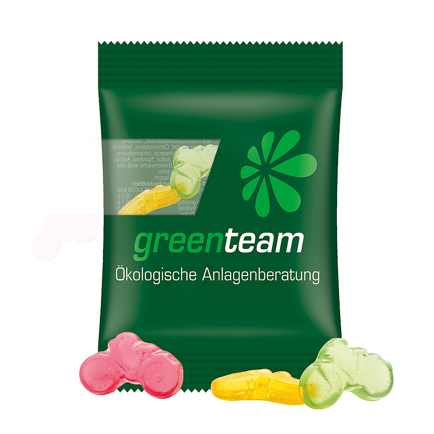 Mini bag 15g, compostable foil transparent, Trolli fruit jelly gums bicycle transparentní - foto Trolli fruit jelly gums in a bag made of transparent foil, compostable, individually printed. Content: Trolli fruit jelly gums bicycle, in premium quality with… transparentní - foto