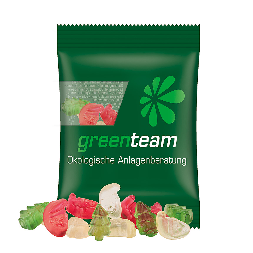 Mini bag 15g, compostable foil transparent, Trolli fruit jelly gums Christmas mix transparentní - foto Trolli fruit jelly gums in a bag made of transparent foil, compostable, individually printed. Content: Trolli fruit jelly gums Christmas mix (Santa Claus red… transparentní - foto