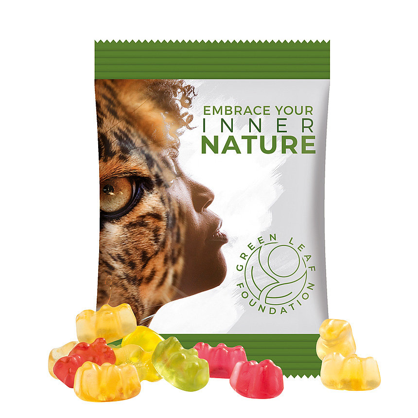 Mini bag 15g, foil white, Trolli fruit jelly gums premium bears white - foto Trolli jelly gums in a bag made of white foil, individually printed. Content: Trolli fruit jelly bears, in premium quality with 10 % fruit juice content,… white - foto